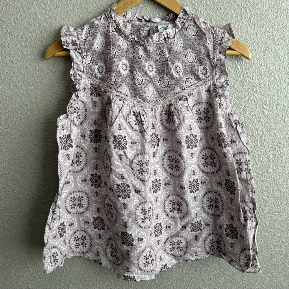 NEW C&C California 100% Cotton Sleeveless Purple Paisley Ruffle Boho‎ Shirt